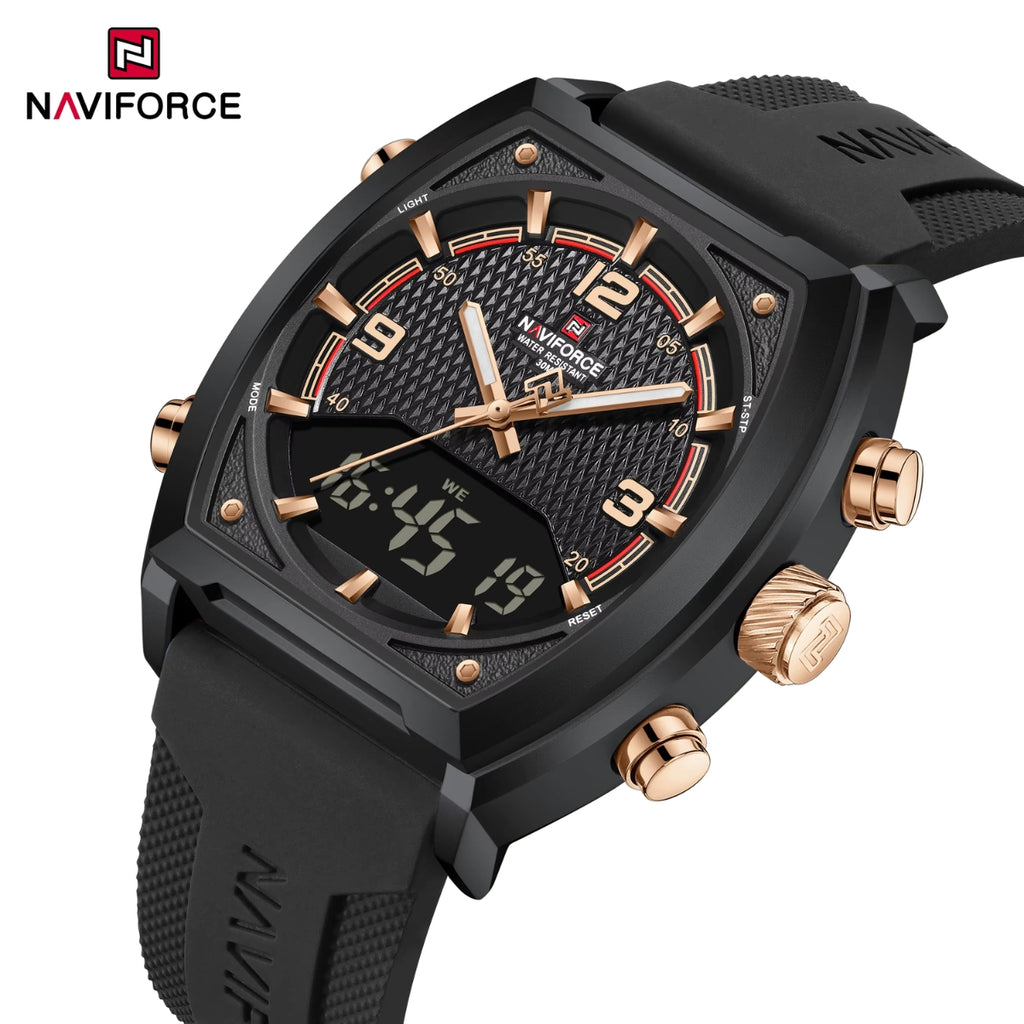 NAVIFORCE 9242 Men’s Digital Sport Watch – Dual Display with Silicone Strap & Waterproof - Gold and Black