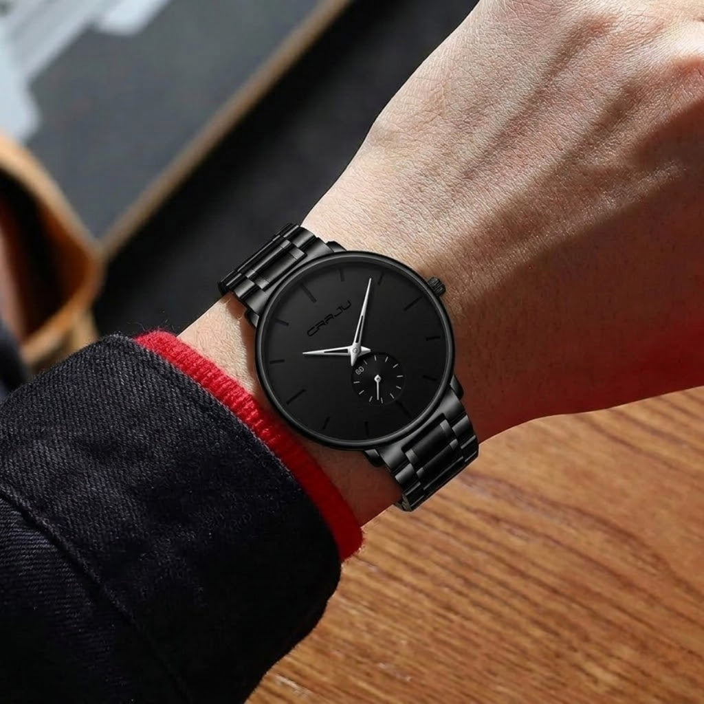 CRRJU 2150 Luxury Quartz Watch – Premium Stainless Steel Band, Casual Black Wristwatch for Men Black Silver