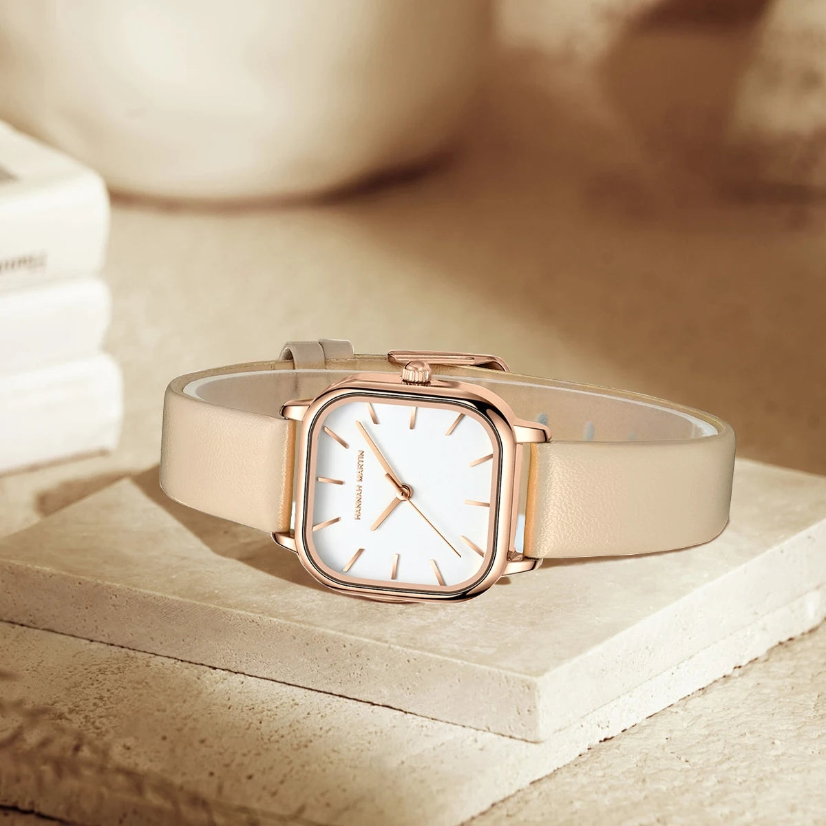 Hannah Martin 1591 Women’s Square Watch – Waterproof Leather Quartz Business Wristwatch White Dial