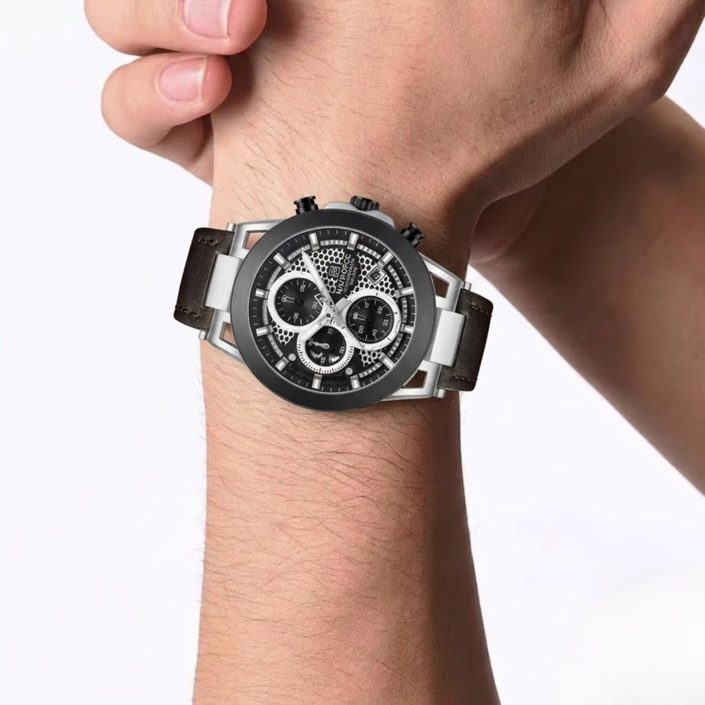 NAVIFORCE 8073 Men’s Skeleton Watch – Original Brand Quartz Wristwatch with Leather Strap & Chronograph