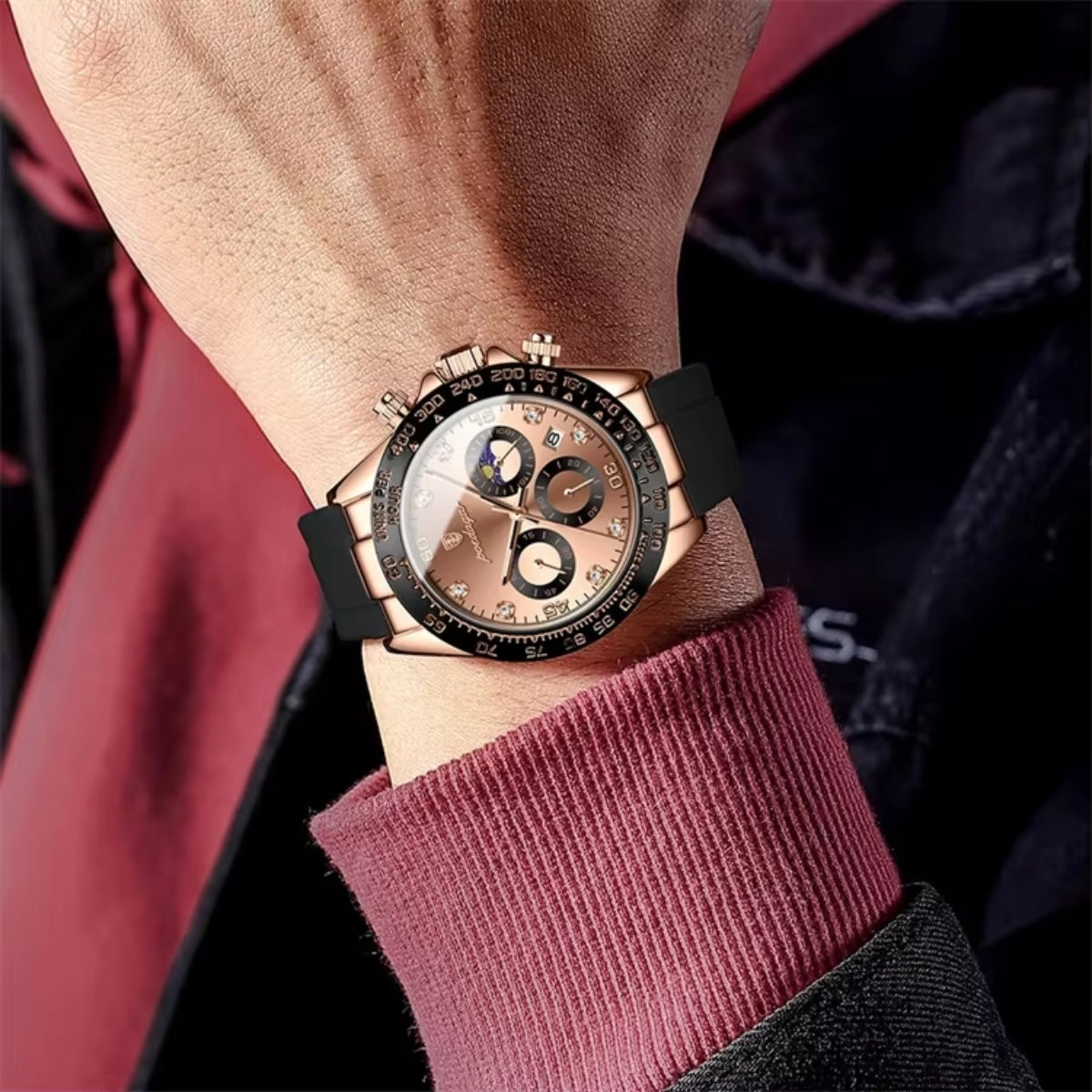 POEDAGAR 629 Men’s Luxury Sport Watch – Stainless Steel Chronograph Quartz with Luminous Date & Waterproof Rose Gold