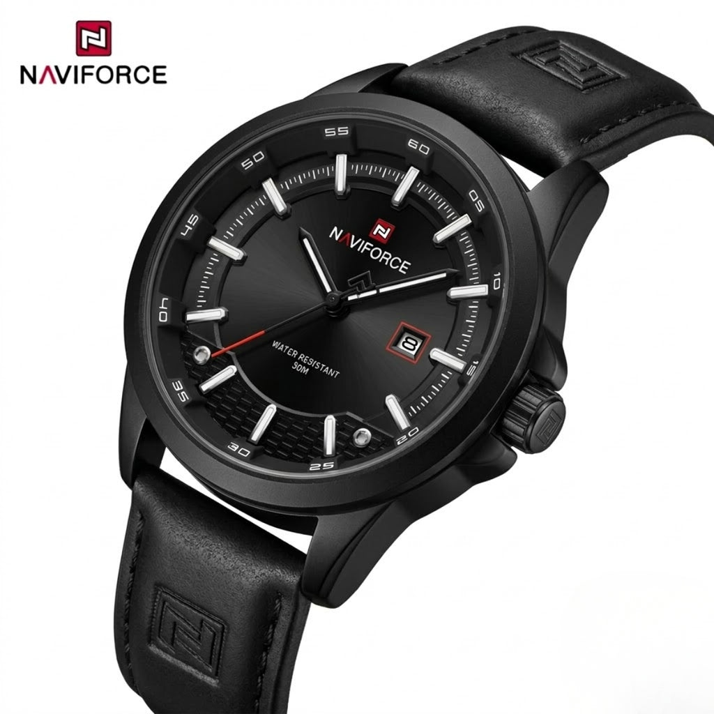 NAVIFORCE 9248 Men’s Fashion Sport Watch – Waterproof Quartz Analog Wristwatch with Leather Strap Black