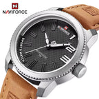NAVIFORCE 9202L Men’s Fashion Quartz Watch – Waterproof Analog Sport Wristwatch with Leather Strap & Date  Brown and Silver