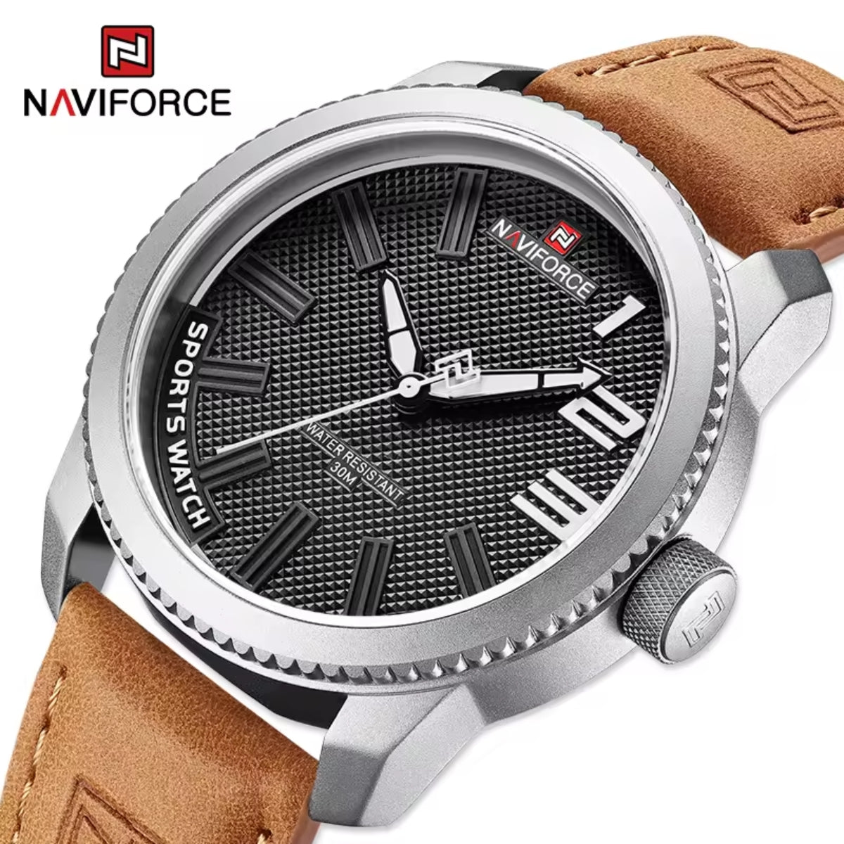 NAVIFORCE 9202L Men’s Fashion Quartz Watch – Waterproof Analog Sport Wristwatch with Leather Strap & Date  Brown and Silver
