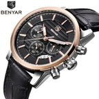 BENYAR 5104 Men’s Business Three Chronograph Sub Dial Watch Black and Gold Leather Strap