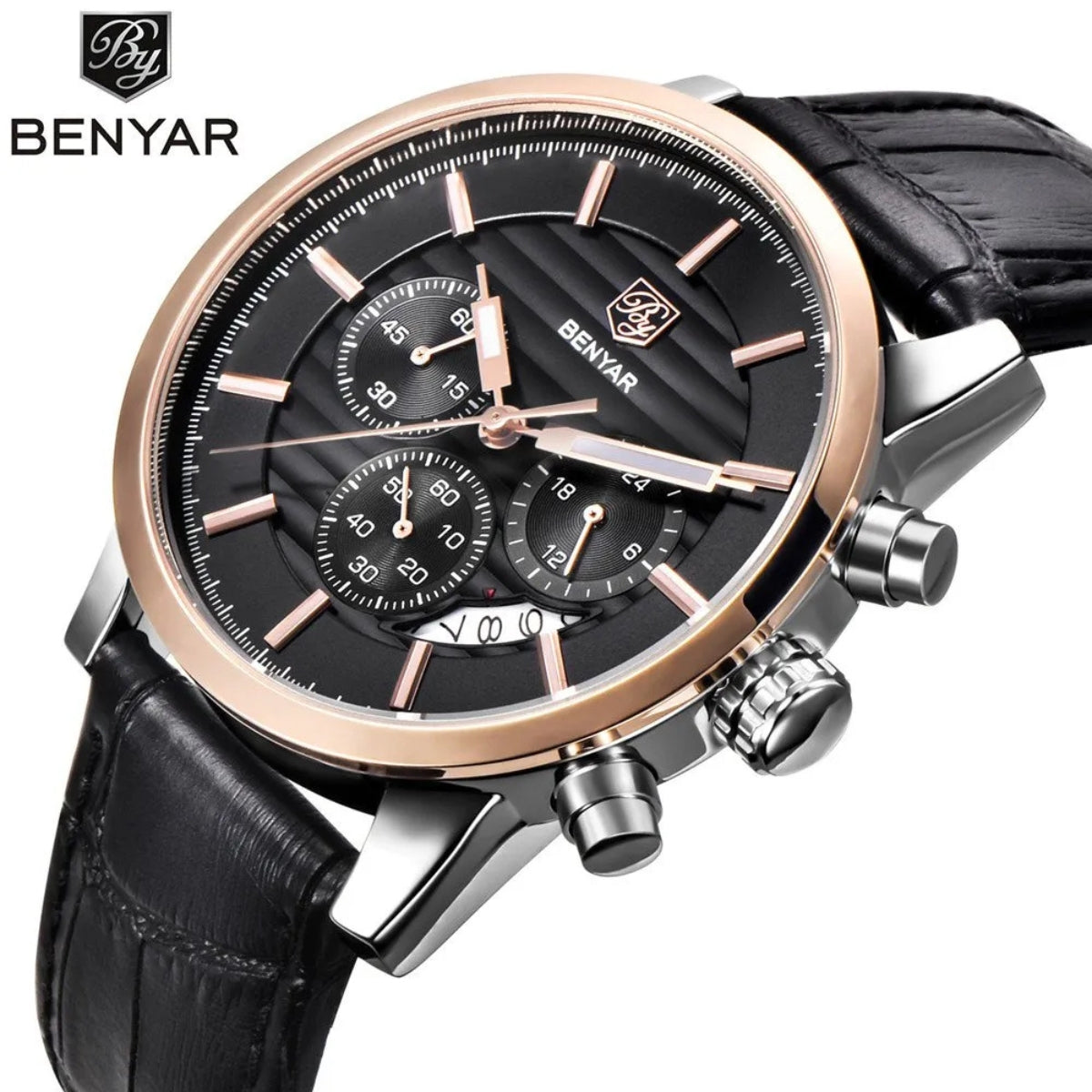 BENYAR 5104 Men’s Business Three Chronograph Sub Dial Watch Black and Gold Leather Strap