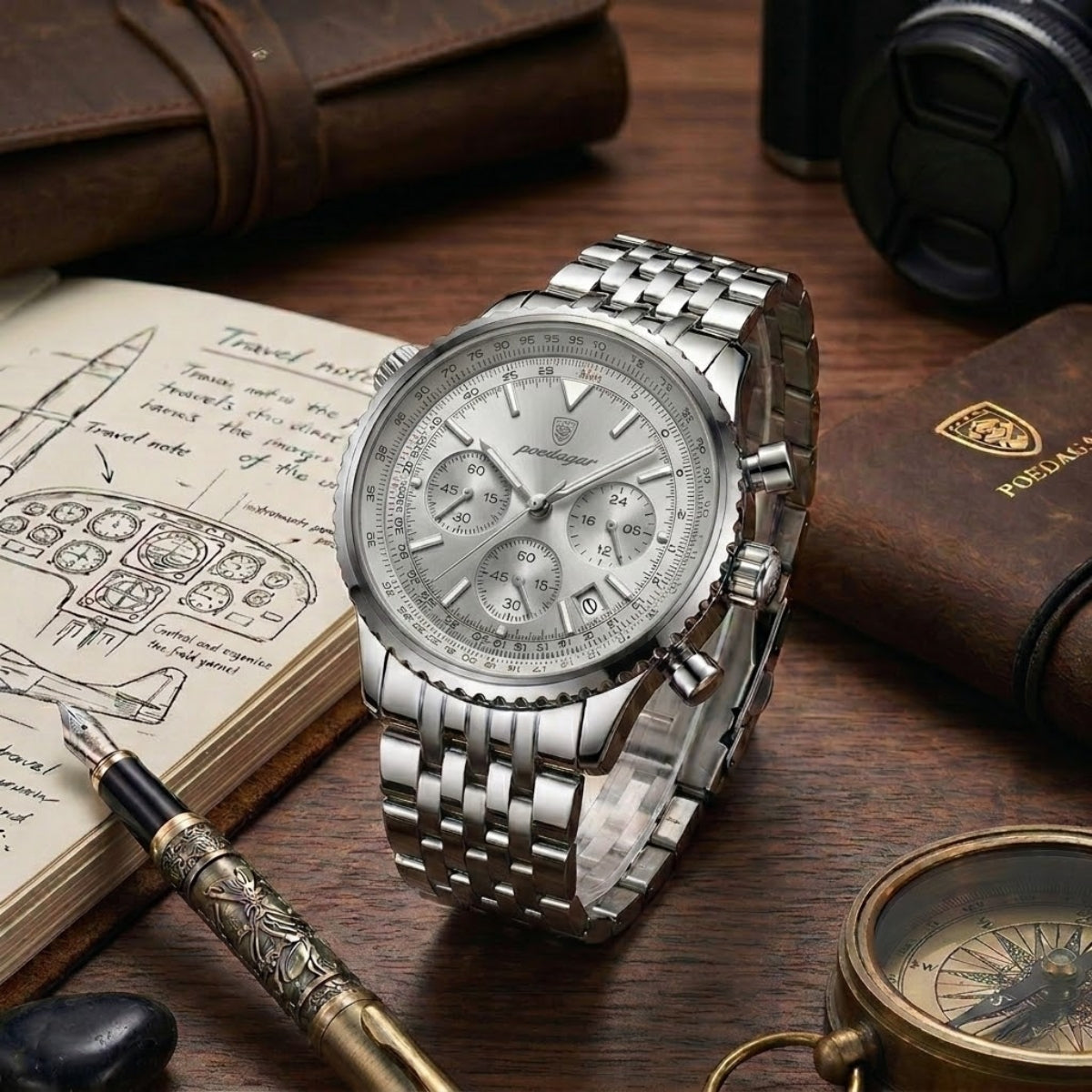 Poedagar 960 Men’s Luxury Watch – Stainless Steel Chronograph Waterproof Quartz with Luminous Gray Dial