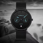 CRRJU 2162 Men's Stainless Mesh Steel Quartz Watch – Waterproof Casual Dress Timepiece with Date Calendar Black Blue