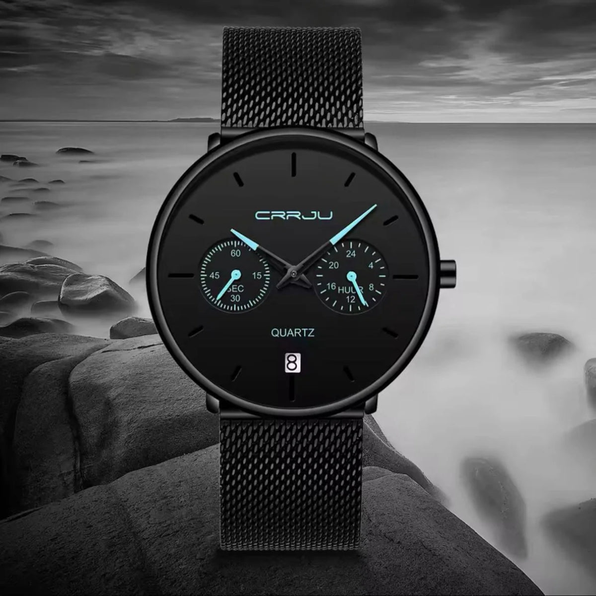 CRRJU 2162 Men's Stainless Mesh Steel Quartz Watch – Waterproof Casual Dress Timepiece with Date Calendar Black Blue
