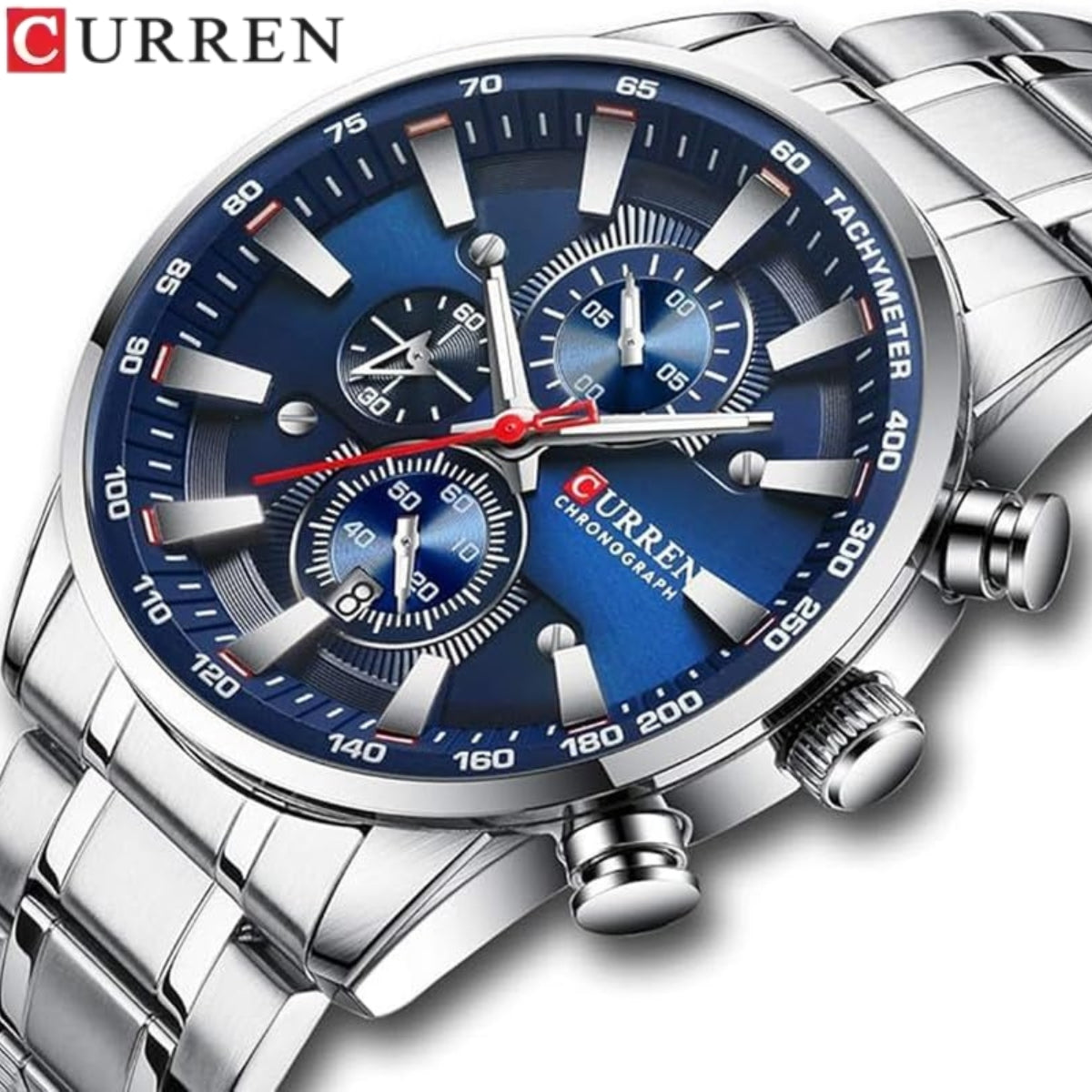 CURREN 8445 Men’s Casual Sport Chronograph Watch Stainless Steel Band with Auto-Date and Blue Dial