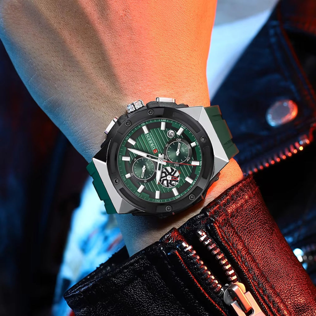 CURREN 8462 Men’s Sport Chronograph Luminous Waterproof Watch with Silicone Strap & Date Green Silver