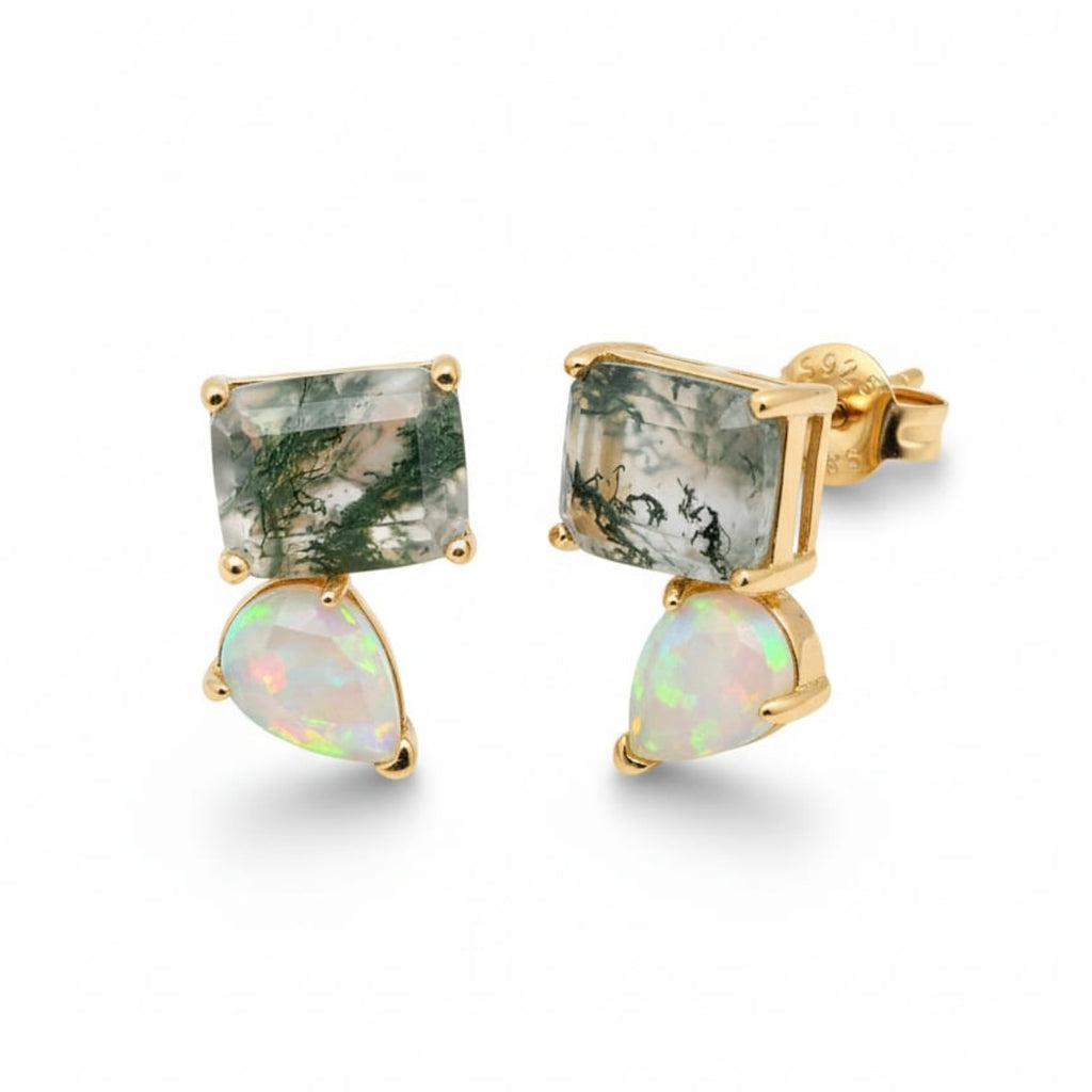 Studs with Moss Agate and Opal Accents