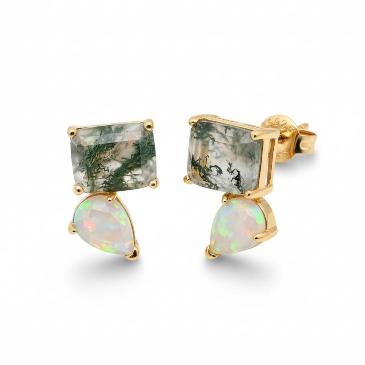 Studs with Moss Agate and Opal Accents
