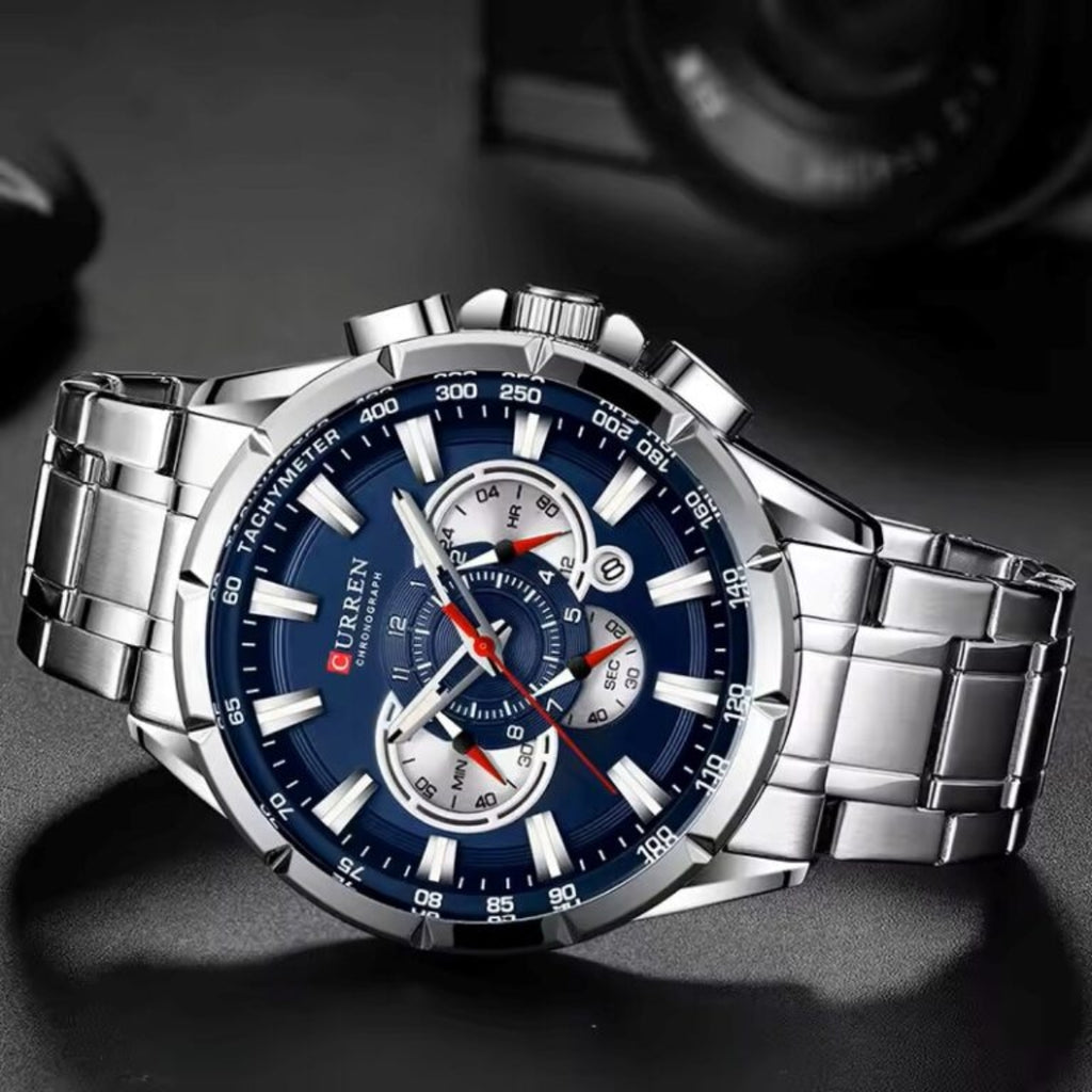 Curren 8363 Men's Watch Multifunctional Waterproof Chronograph Quartz Silver and Blue