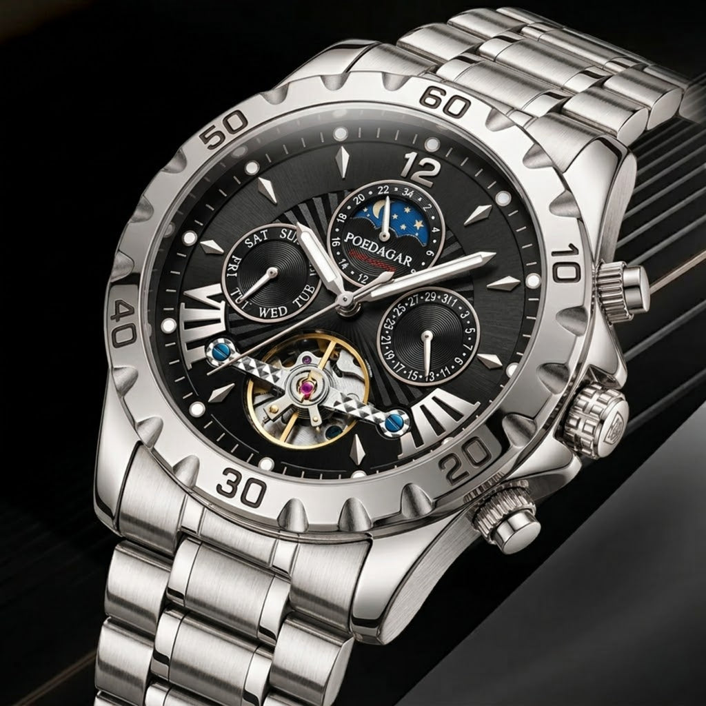 Poedagar 1410 Men’s Automatic Watch – Luxury Stainless Steel Hollow Tourbillon Mechanical Wristwatch Black Dial