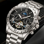 Poedagar 1410 Men’s Automatic Watch – Luxury Stainless Steel Hollow Tourbillon Mechanical Wristwatch Black Dial