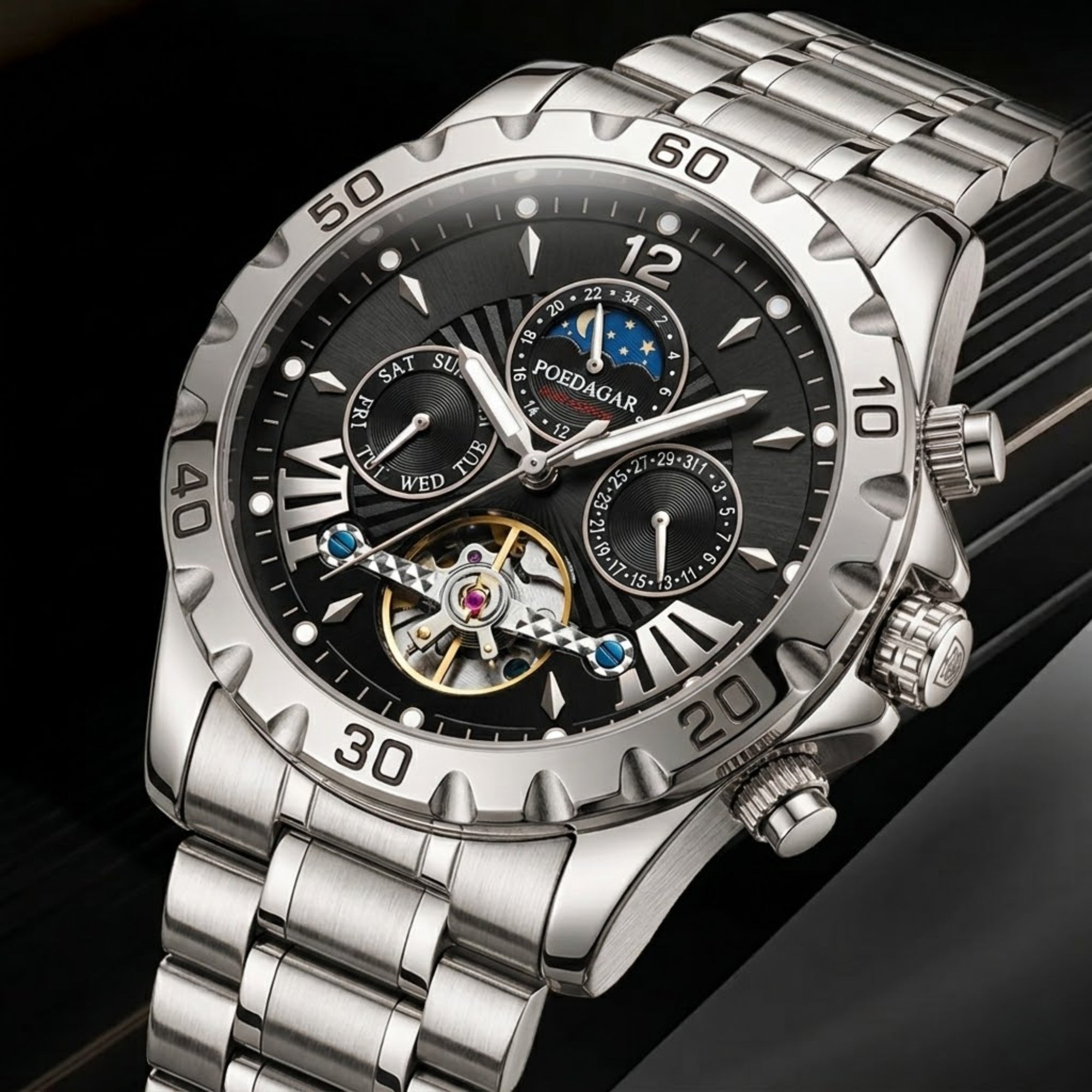 Poedagar 1410 Men’s Automatic Watch – Luxury Stainless Steel Hollow Tourbillon Mechanical Wristwatch Black Dial
