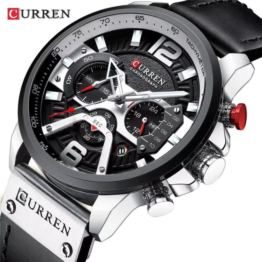 CURREN 8329 Men Watch Leather Sports Watch Quartz Fashion Chronograph Waterproof Black