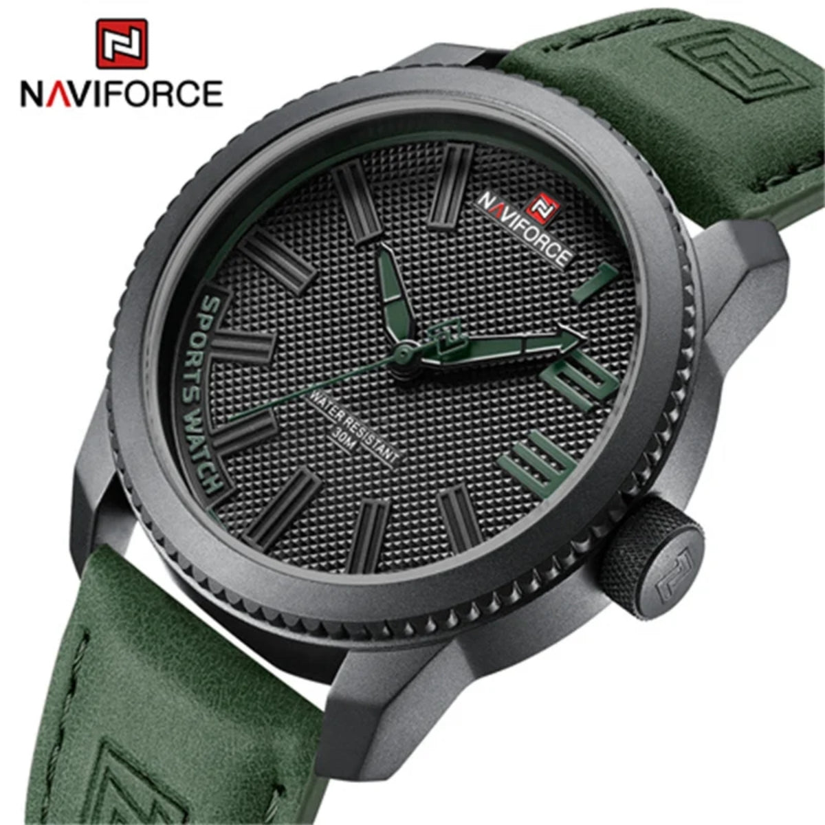 NAVIFORCE 9202L Men’s Fashion Quartz Watch – Waterproof Analog Sport Wristwatch with Leather Strap & Date Green