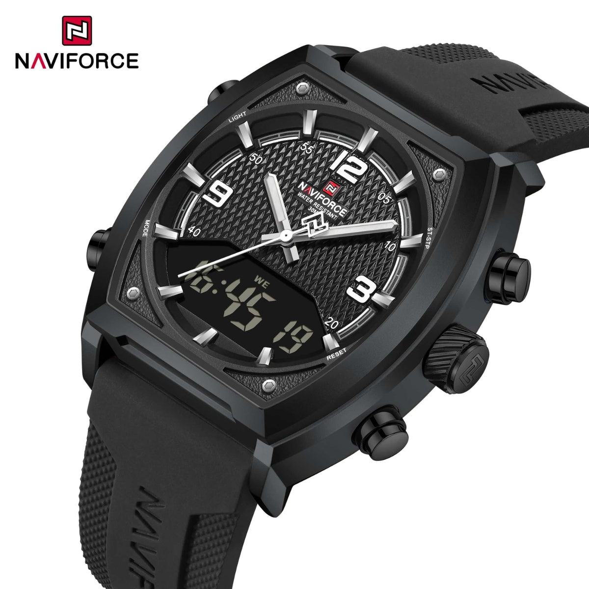 NAVIFORCE 9242 Men’s Digital Sport Watch – Dual Display with Silicone Strap & Waterproof - White and Black