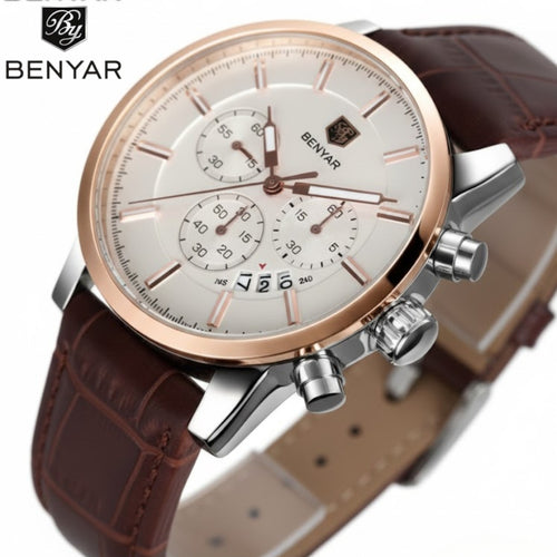BENYAR 5104 Men’s Business Three Chronograph Sub Dial Watch Gold and White Leather Strap