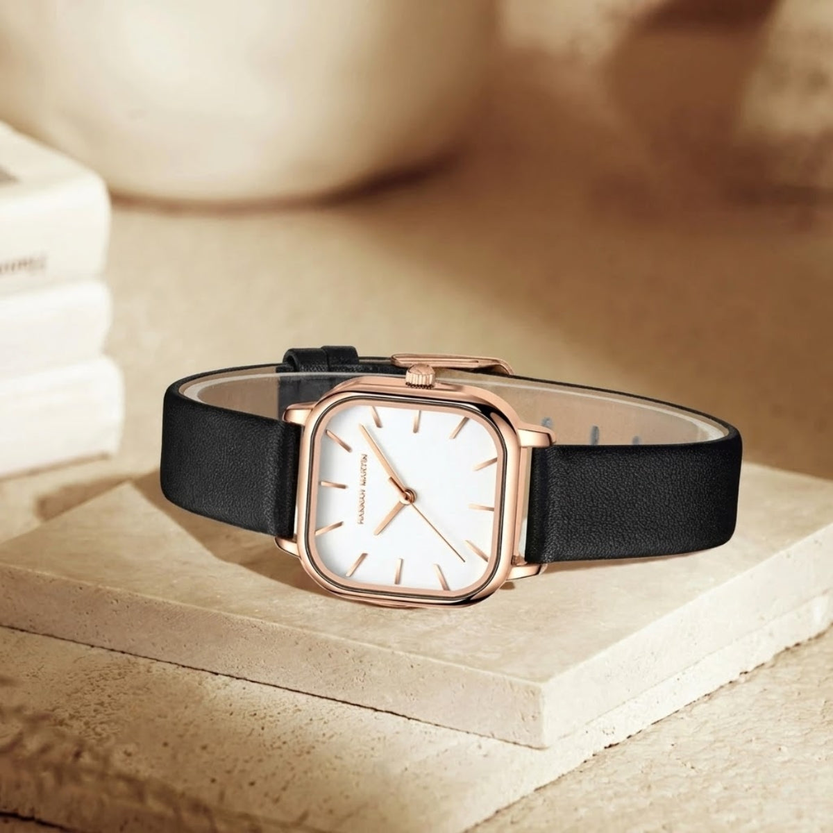 Hannah Martin 1591 Women’s Square Watch – Waterproof Leather Quartz Business Wristwatch White and Black