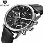 BENYAR 5104 Men’s Business Three Chronograph Sub Dial Watch Black and Silver Leather Strap