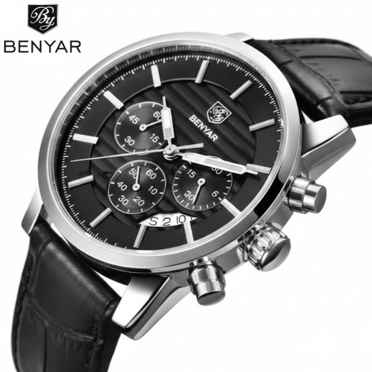 BENYAR 5104 Men’s Business Three Chronograph Sub Dial Watch Black and Silver Leather Strap