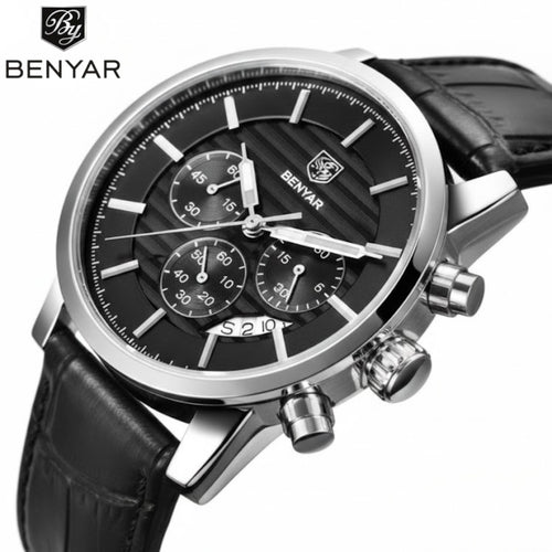 BENYAR 5104 Men’s Business Three Chronograph Sub Dial Watch Black and Silver Leather Strap