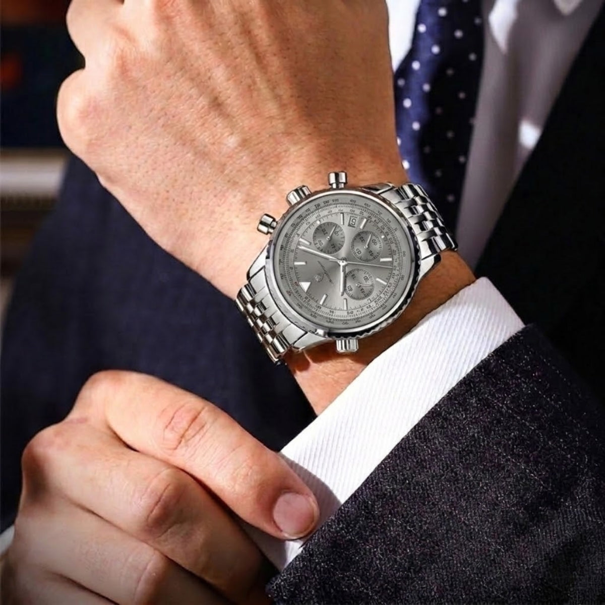 Poedagar 960 Men’s Luxury Watch – Stainless Steel Chronograph Waterproof Quartz with Luminous Gray Dial