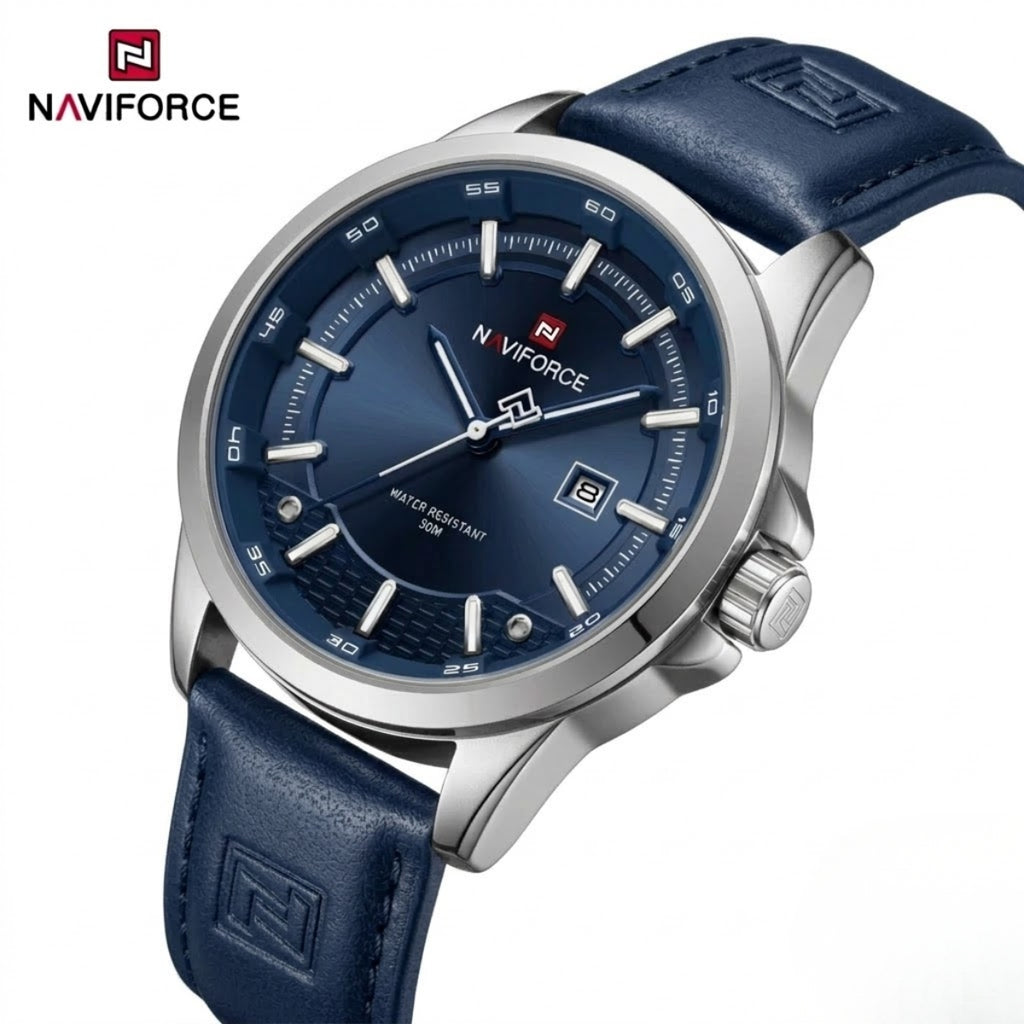 NAVIFORCE 9248 Men’s Fashion Sport Watch – Waterproof Quartz Analog Wristwatch with Leather Strap Silver and Blue