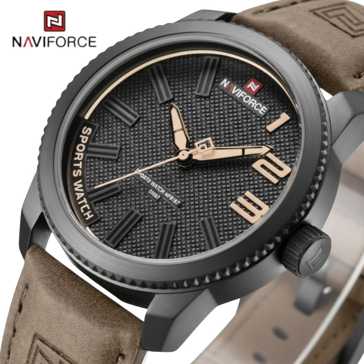 NAVIFORCE 9202L Men’s Fashion Quartz Watch – Waterproof Analog Sport Wristwatch with Leather Strap & Date Black and Brown