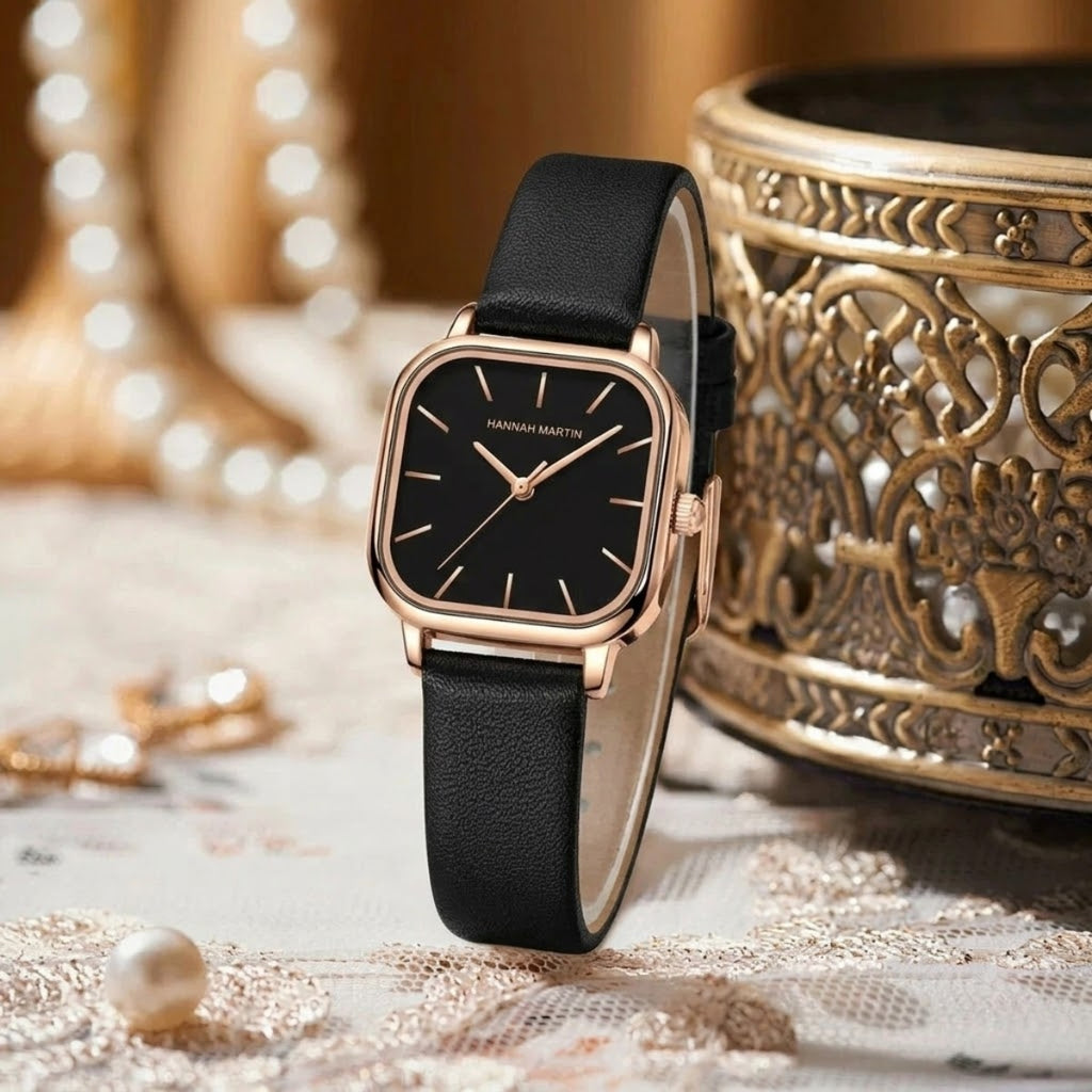 Hannah Martin 1591 Women’s Square Watch – Waterproof Leather Quartz Business Wristwatch Black Dial