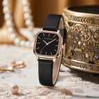 Hannah Martin 1591 Women’s Square Watch – Waterproof Leather Quartz Business Wristwatch Black Dial
