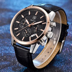 BENYAR 5104 Men’s Business Three Chronograph Sub Dial Watch Black and Gold Leather Strap