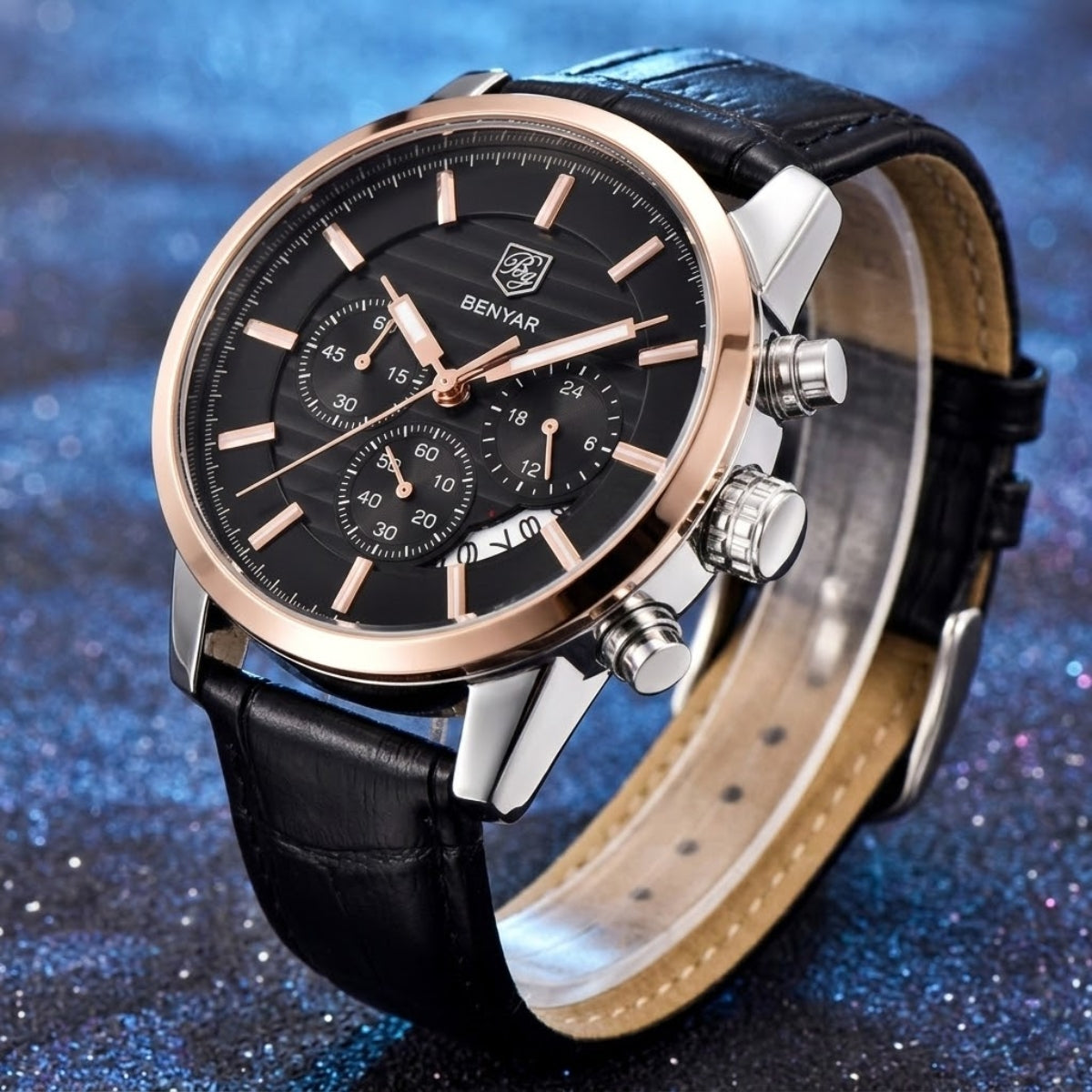 BENYAR 5104 Men’s Business Three Chronograph Sub Dial Watch Black and Gold Leather Strap
