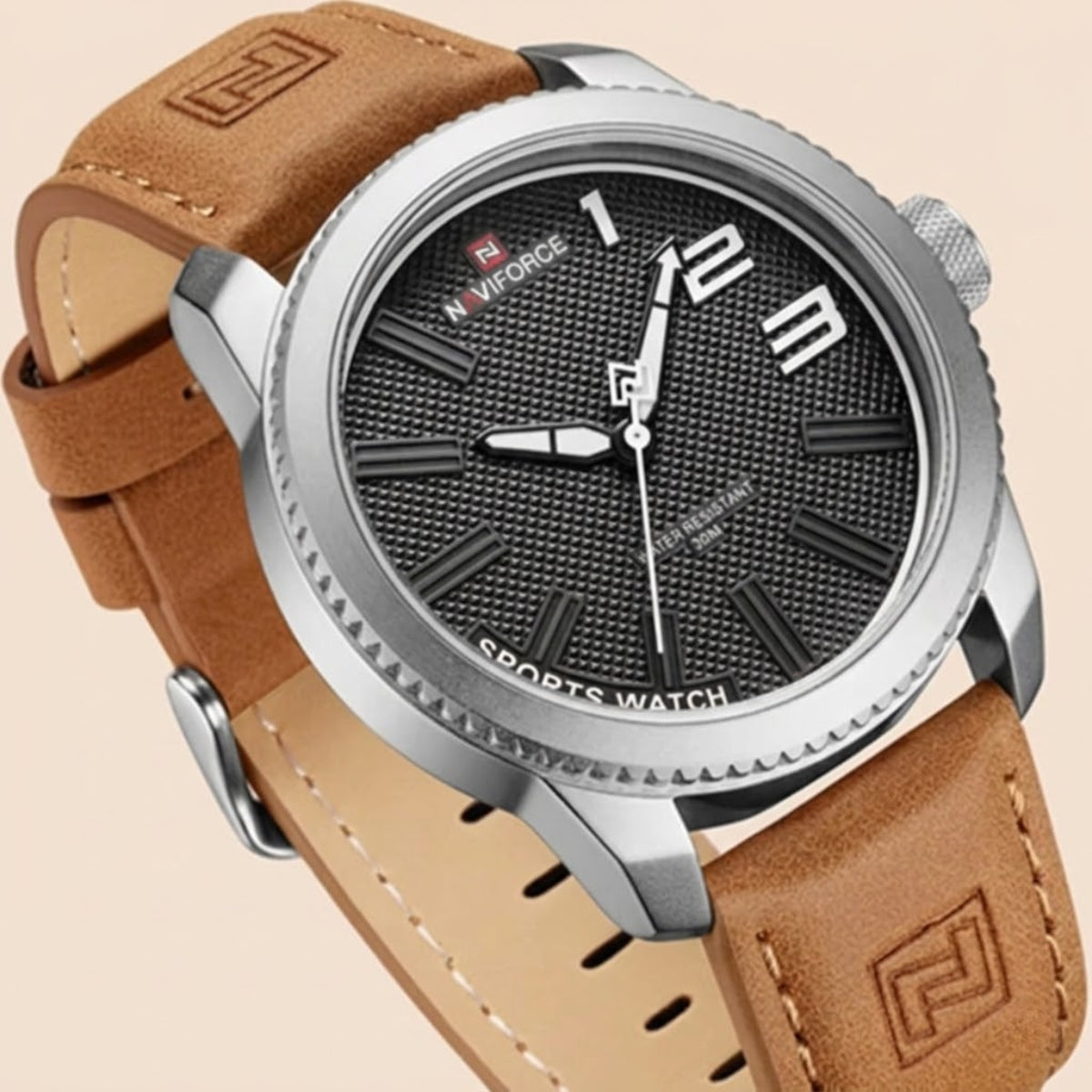 NAVIFORCE 9202L Men’s Fashion Quartz Watch – Waterproof Analog Sport Wristwatch with Leather Strap & Date  Brown and Silver