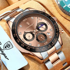 POEDAGAR 629 Men’s Luxury Sport Watch – Stainless Steel Chronograph Quartz with Luminous Date & Waterproof Rose Gold Dial