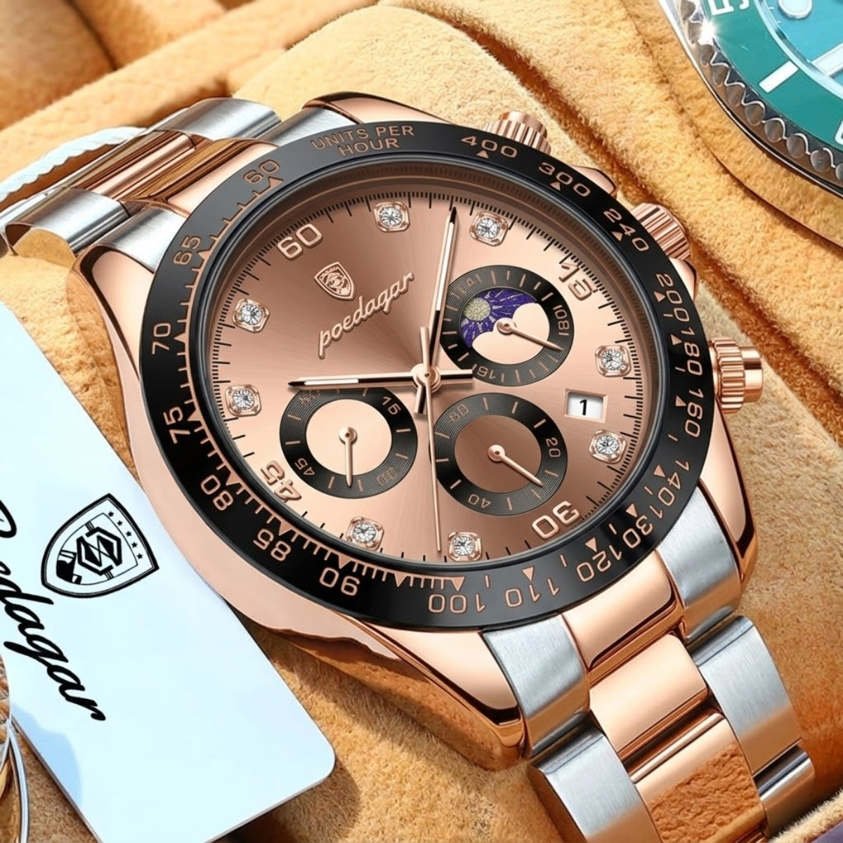 POEDAGAR 629 Men’s Luxury Sport Watch – Stainless Steel Chronograph Quartz with Luminous Date & Waterproof Rose Gold Dial
