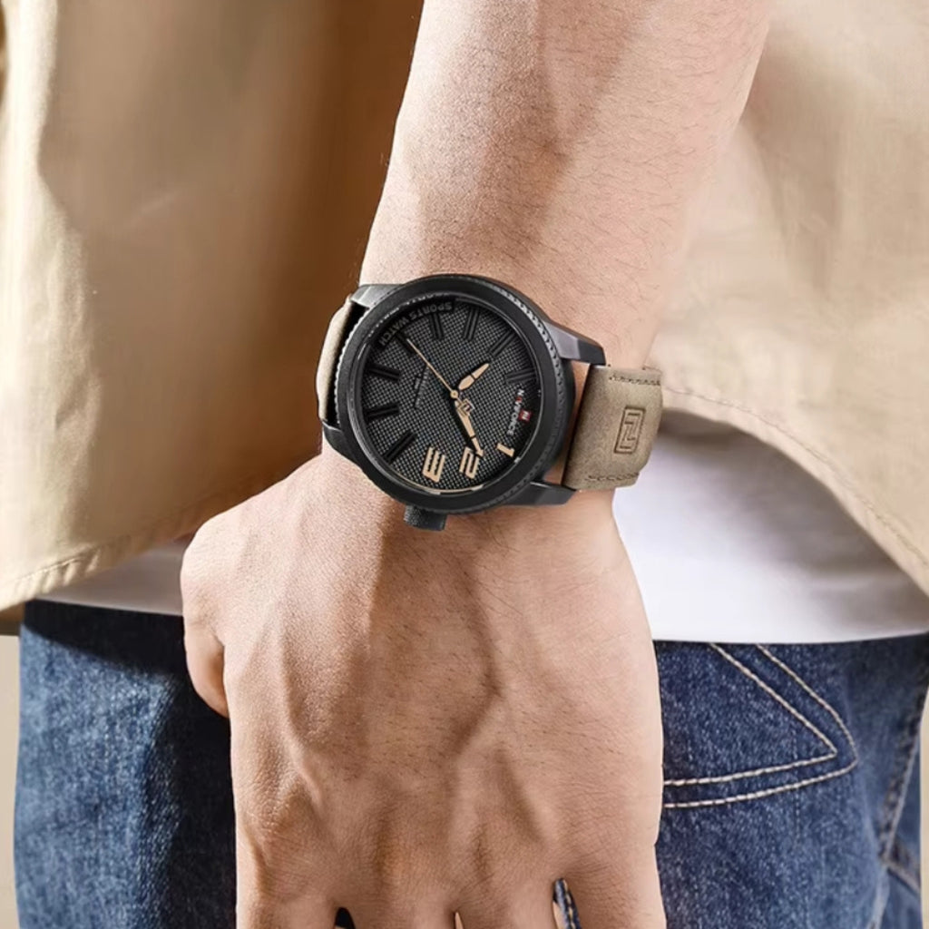 NAVIFORCE 9202L Men’s Fashion Quartz Watch – Waterproof Analog Sport Wristwatch with Leather Strap & Date Black and Brown