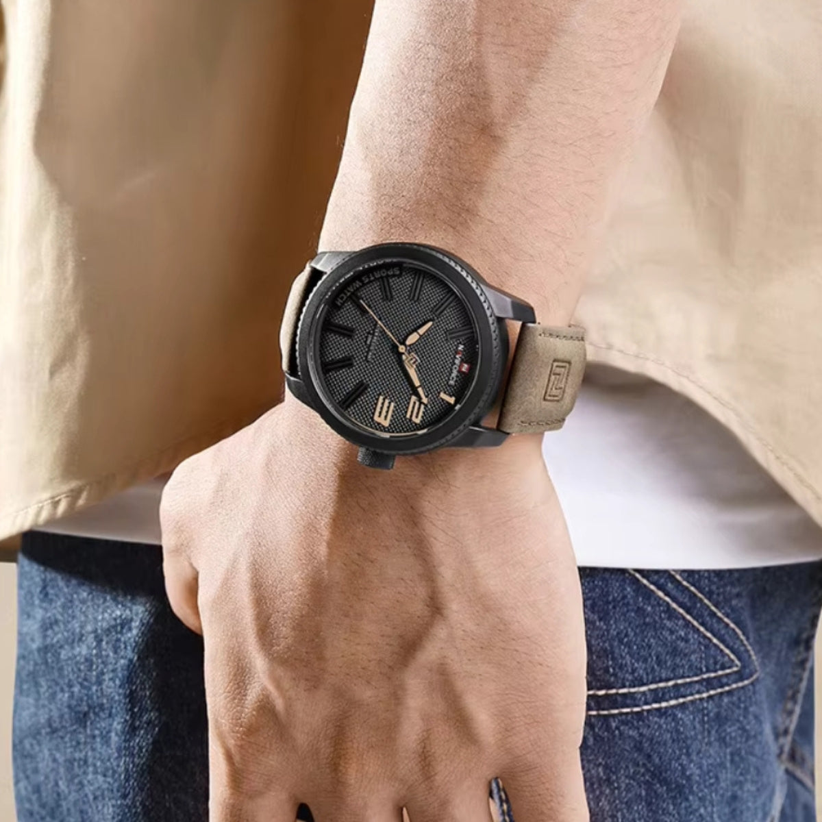 NAVIFORCE 9202L Men’s Fashion Quartz Watch – Waterproof Analog Sport Wristwatch with Leather Strap & Date Black and Brown