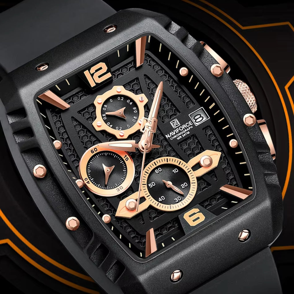NAVIFORCE 8025 Men’s  Designer Watch – New Quartz Chronograph with Rubber Strap - Black and Gold