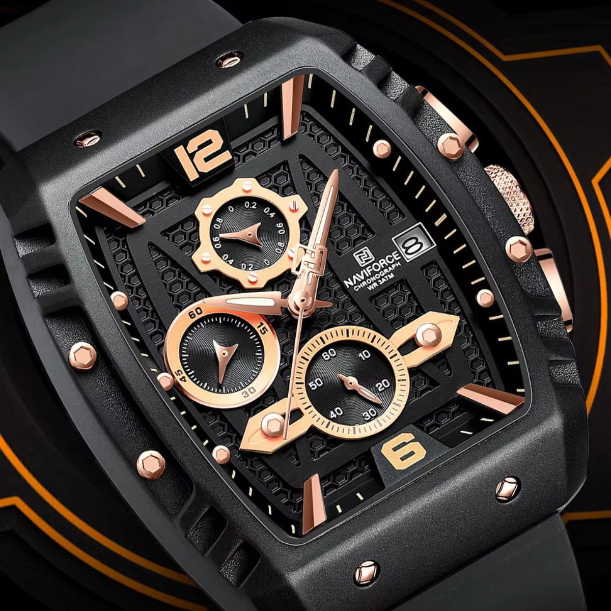 NAVIFORCE 8025 Men’s  Designer Watch – New Quartz Chronograph with Rubber Strap - Black and Gold
