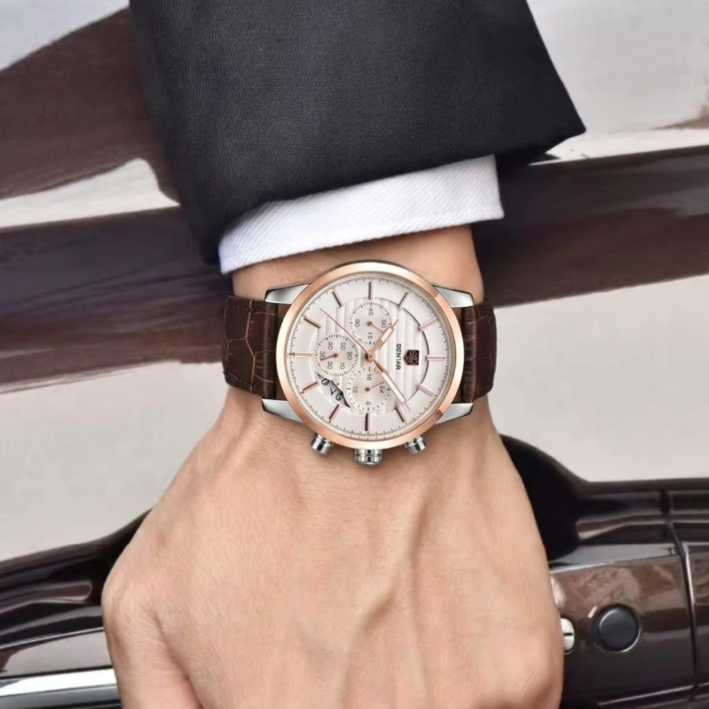 BENYAR 5104 Men’s Business Three Chronograph Sub Dial Watch Gold and White Leather Strap