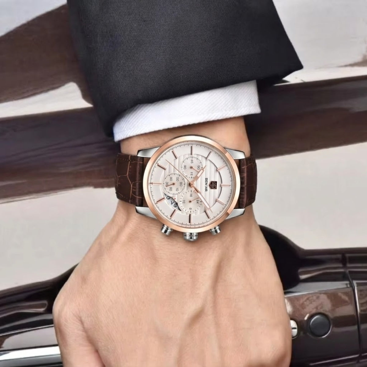 BENYAR 5104 Men’s Business Three Chronograph Sub Dial Watch Gold and White Leather Strap
