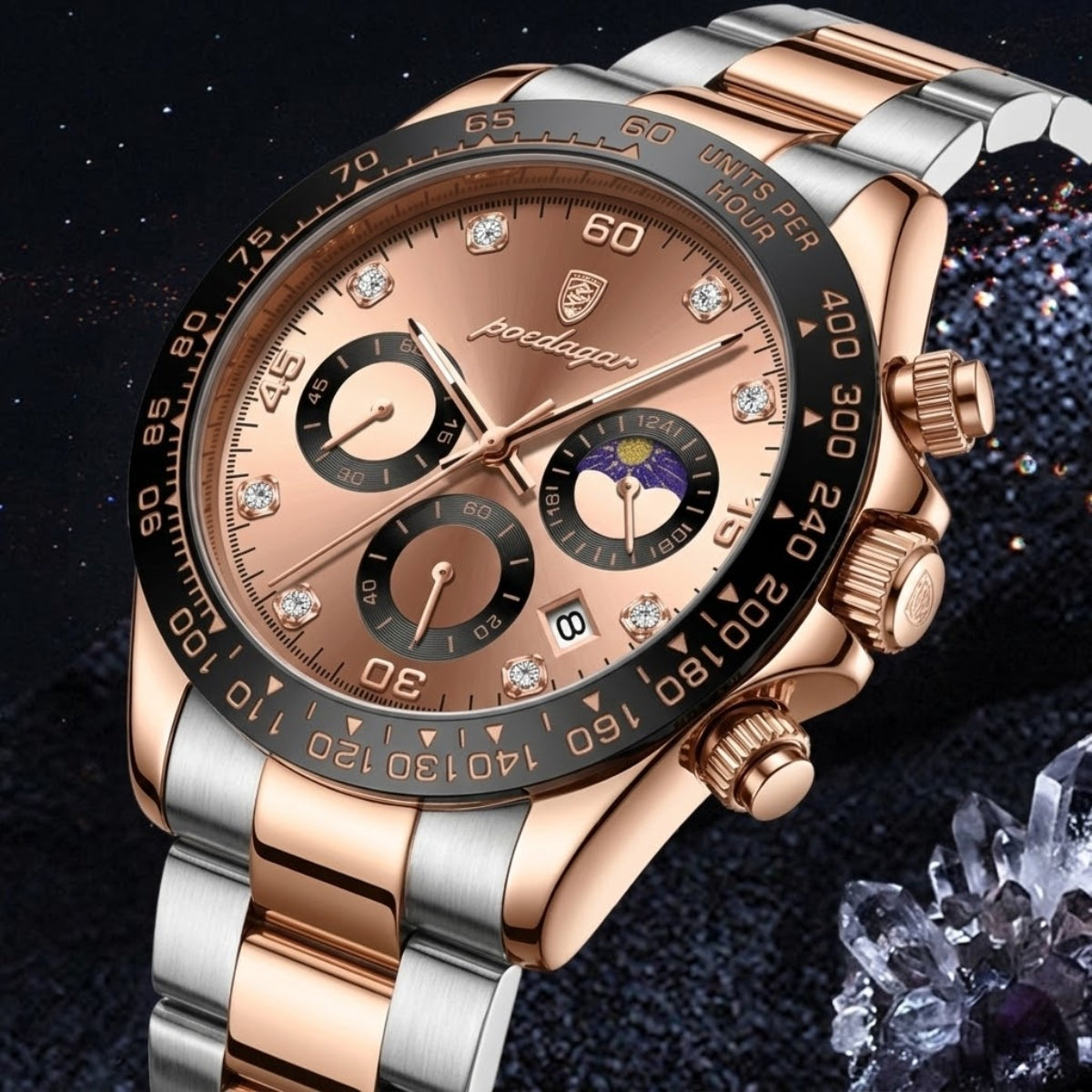 POEDAGAR 629 Men’s Luxury Sport Watch – Stainless Steel Chronograph Quartz with Luminous Date & Waterproof Rose Gold Dial