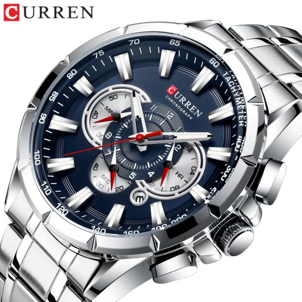 Curren 8363 Men's Watch Multifunctional Waterproof Chronograph Quartz Silver and Blue