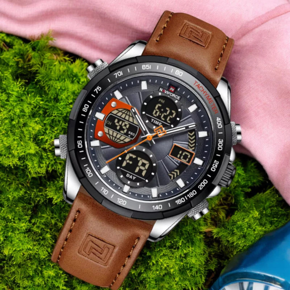 NAVIFORCE 9197 Men’s Dual-Display Watch – Luxury Analog-Digital Chronograph with Alarm & Waterproof Black and Brown