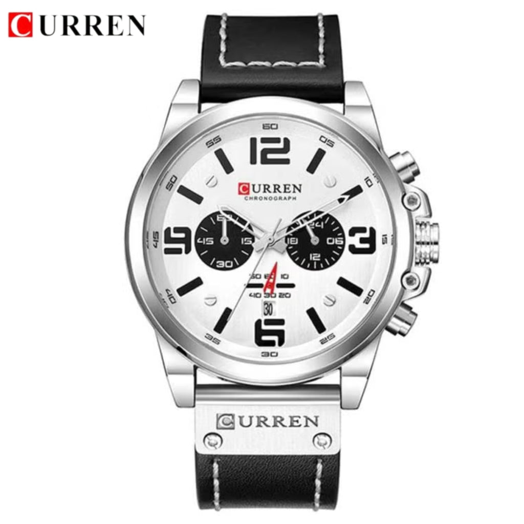 Curren 8314 Men Sport Chronograph Watch Top Fashion Genuine Leather Wristband Waterproof Quartz White