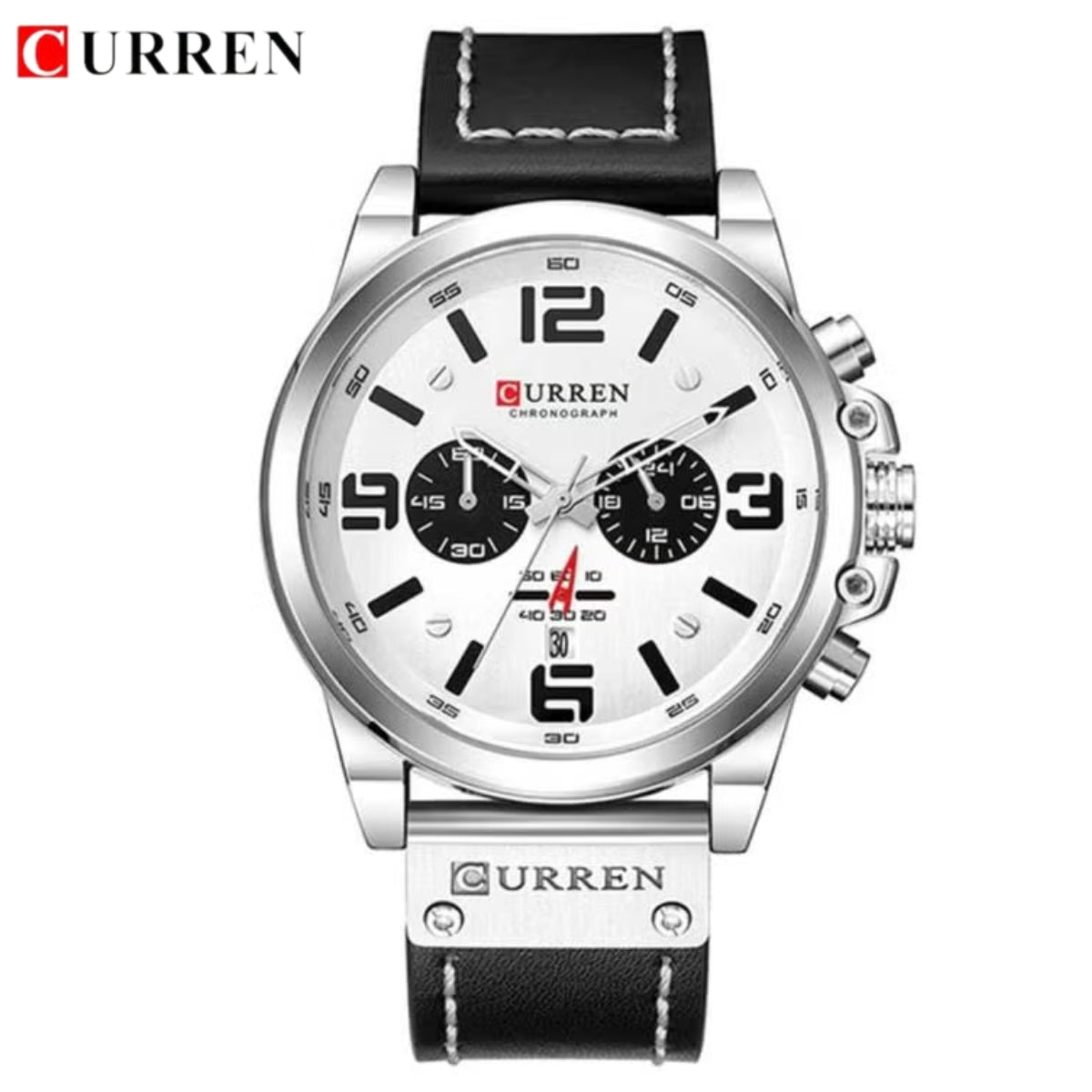 Curren 8314 Men Sport Chronograph Watch Top Fashion Genuine Leather Wristband Waterproof Quartz White